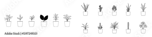 A contemporary collection of hand-drawn house plants, including cacti in pots, set against a clean white background, with options for modification and color adjustment, showcasing various houseplants
