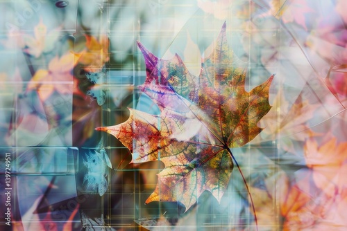 Double exposure of an autumn maple leaf with glass and mirrors in the background and reflections