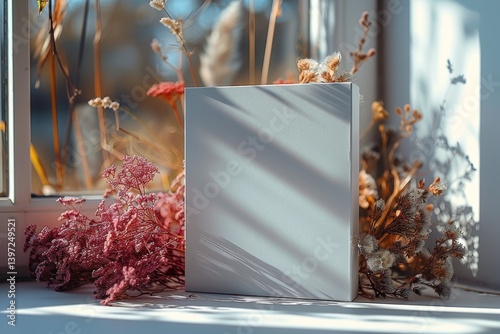 Blank mockup of a white box on a light background and dried flowers