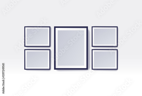 Five empty frames for wall. Mockup for interior decor and art gallery concept. Background template for collage, family portrait, photo for happy birthday congratulation.