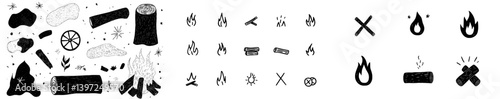A collection of hand-drawn fire and flame elements, including wood burning, torches, and isolated flames on a white background
