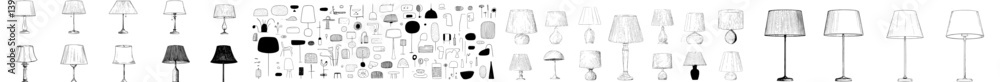 A doodle set featuring lamps and floor lamps, comprising a collection of hand-drawn, cute, elegant lamps in various shapes and sizes isolated on a transparent background, illustrating light equipment A doodle set featuring lamps and floor lamps, comprising a collection of hand-drawn, cute, elegant lamps in various shapes and sizes isolated on a transparent background, illustrating light equipment