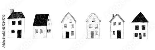 Obraz na płótnie A set of various houses and buildings is available as doodles, featuring hand-drawn small one-floored houses and buildings for living isolated on a transparent background, illustrating architecture w salonie