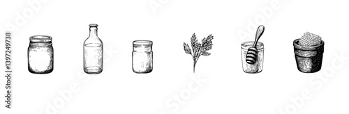 A set of doodles featuring beekeeping attributes and tools, including hand-drawn images of honey, hives, bees, barrels, and equipment for apiary work on a farm, all isolated on a transparent