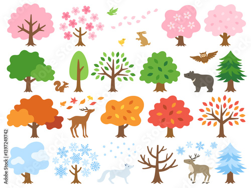 四季の森の木と動物達のイラストセット