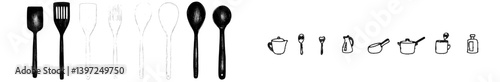 A set of doodles featuring assorted kitchen items and dishes, including cutting boards, graters, tableware, kettles, coffee pots, cooking pans, and containers, all on a transparent background