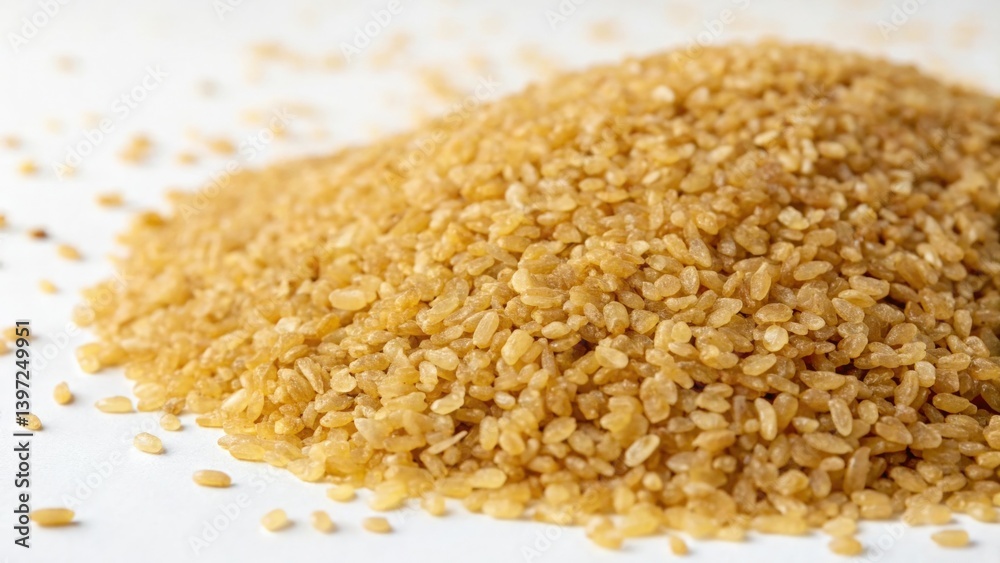 Bulgur grain pile displayed on a clean white background highlighting its fine texture and wholesome appearance