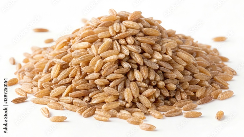 Obraz premium Large pile of Chumyza groats on a clean white background showcasing the natural grain texture and color