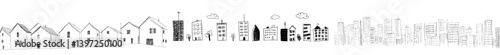 A set of silhouettes featuring city skyscrapers in a doodle style, comprising hand-drawn dark shapes of tall buildings and urban landscapes isolated on a transparent background