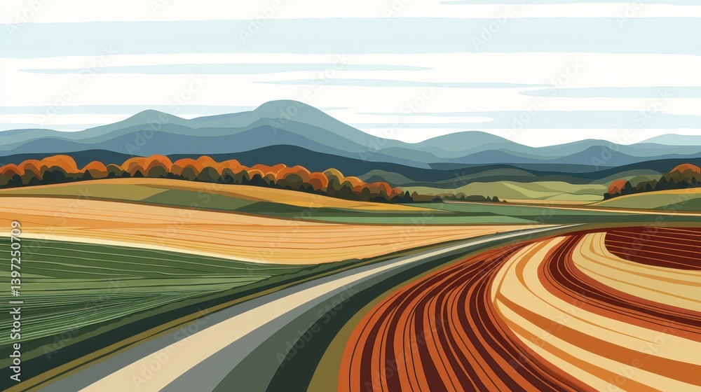 Fototapeta premium A picturesque autumnal landscape of rolling hills and cultivated fields, winding road and distant mountains.