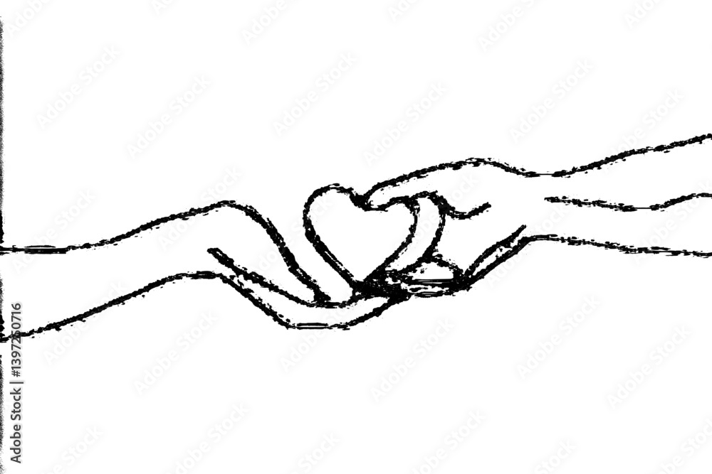 The idea of charity and donation is symbolized by a hand-drawn one-line art of a heart in hands, emphasizing the importance of volunteering