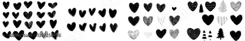 Contemporary compilations of manually illustrated grunge Valentine hearts set against a transparent backdrop, featuring hand-crafted heart symbols in diverse styles and shapes