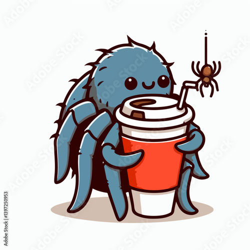 Spider's Coffee Break: A friendly cartoon spider enjoys a refreshing beverage with a small spider, radiating lightheartedness and charm.