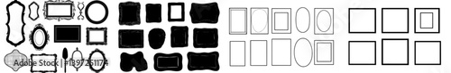 Elegant retro mirror and picture frameworks collection featuring black vintage frames and hand drawn silhouettes of decorative square and round borders for quotes