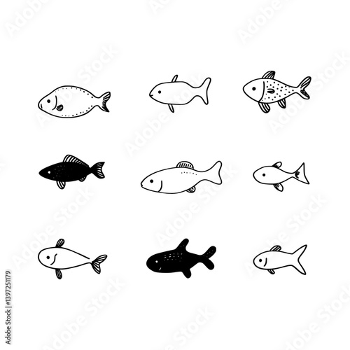 Childish hand drawn lines art of fancy fishes and marine aquatic animals isolated for use in modern designs such as background, wallpaper, texture, banner, label, cover, card, etc