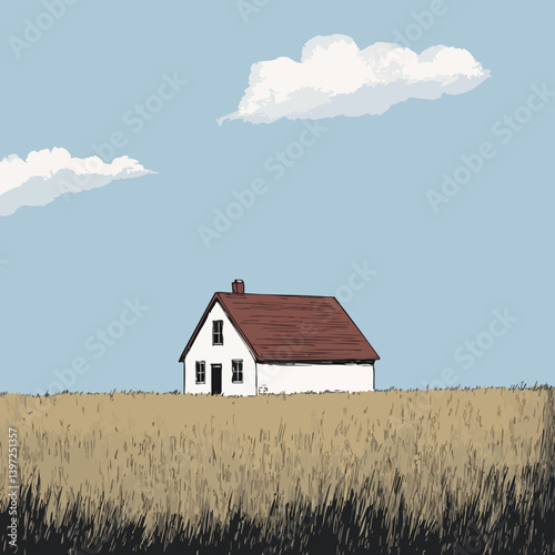Lonely House in a Field Under a Blue Sky