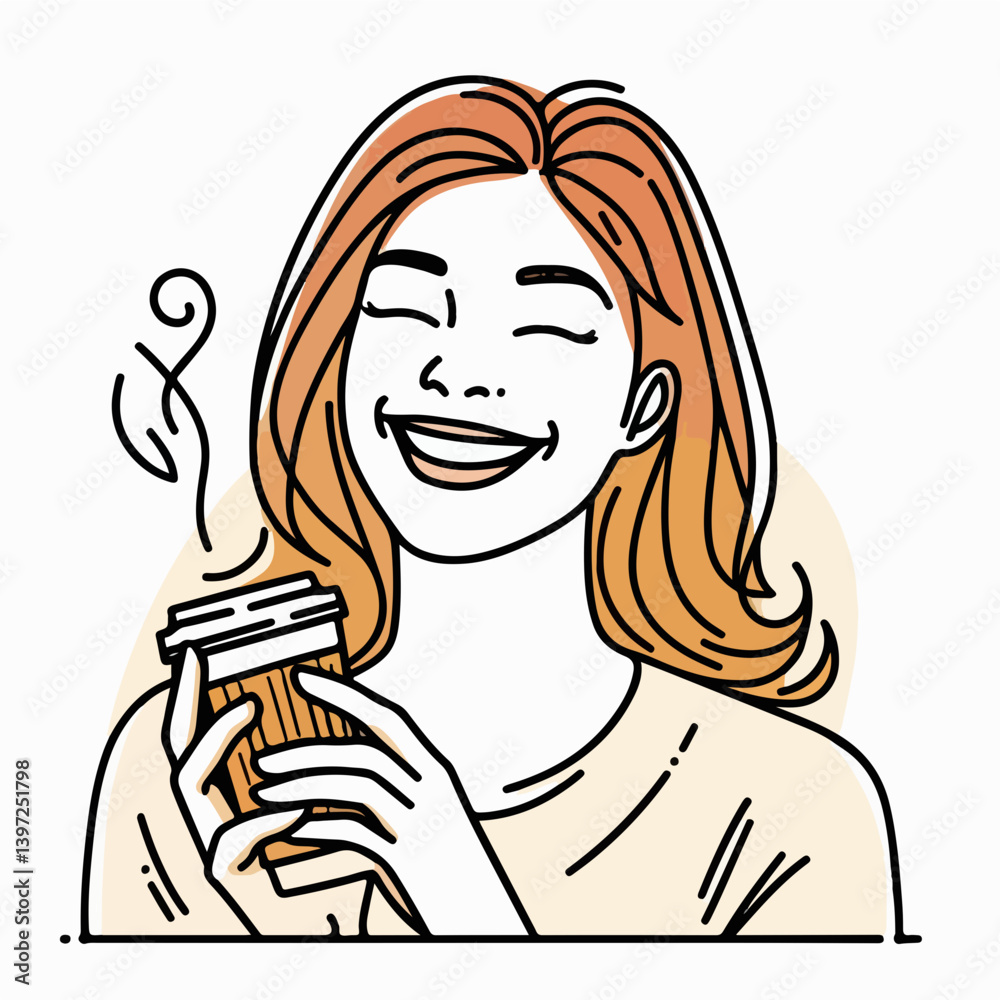 Morning Coffee Delight: A cheerful woman, holding a warm coffee cup. Radiating warmth and satisfaction, she is captured in an engaging outline illustration. Morning Coffee Delight: A cheerful woman, holding a warm coffee cup. Radiating warmth and satisfaction, she is captured in an engaging outline illustration.