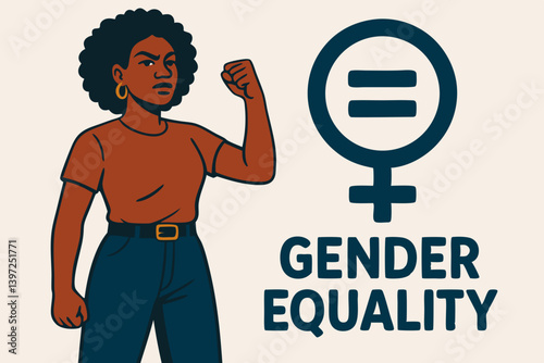 Powerful African American Woman with Raised Fist Standing Next to Female Gender Symbol and Gender Equality Text, Feminist Movement Illustration in Minimal Contemporary Style