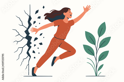 Breaking Free Conceptual Vector Illustration with Woman Running from Darkness to Light, Overcoming Barriers and Embracing Growth, Minimalist Flat Design for Mental Health and Personal Transformation