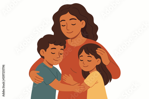 Tender Motherhood Illustration with Woman Embracing Two Children in Minimalist Vector Style, Warm Color Palette of Orange, Teal and Yellow, Family Love and Nurturing Care Representation