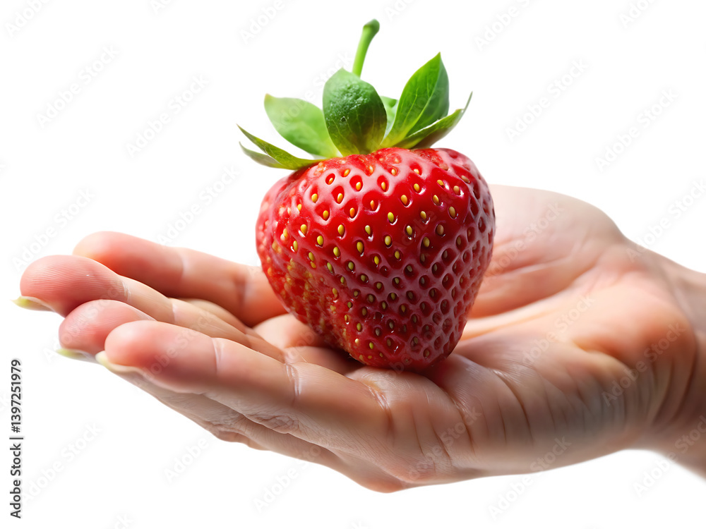 Obraz premium Fresh ripe strawberry on open human hand isolated on white background
