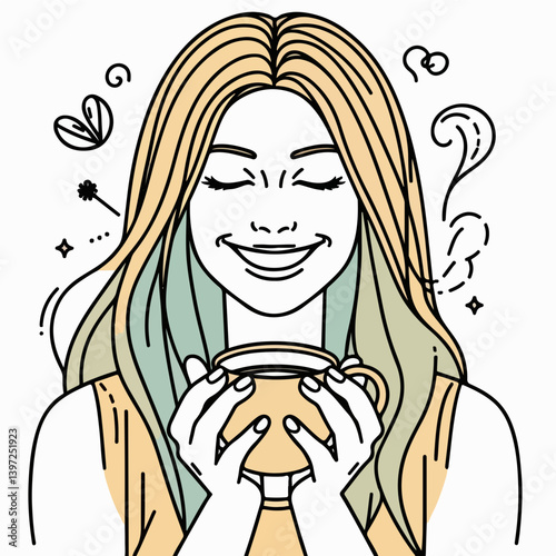 A Moment of Serenity: A woman finds solace in a moment of quiet reflection, her closed eyes and contented smile reflecting the warmth and comfort of a cup.