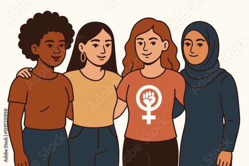 Diverse Women Unity Illustration Vector: Multicultural Female Empowerment Symbol with Feminist Icon, Inclusive Representation of Different Ethnicities and Cultures Standing Together in Solidarity