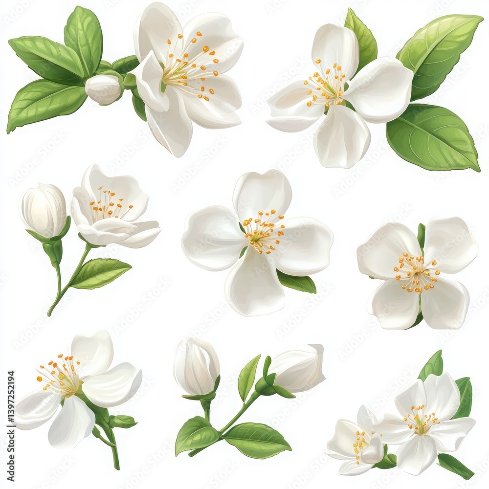 Fototapeta premium Beautiful Collection of White Jasmine Flowers with Green Leaves for Floral Design and Decoration