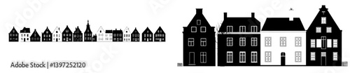 Laser cutting of Amsterdam style houses featuring a silhouette of a row of typical Dutch canal views in the Netherlands with stylized facades of old buildings and a wood carving modern template