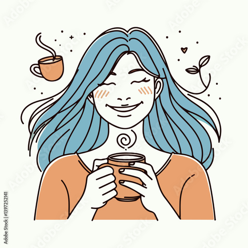 Contentment with Tea: A serene person is depicted with serene with closed eyes and a warm smile while holding a tea cup, creating a sense of tranquility, capturing the simple joys of life.