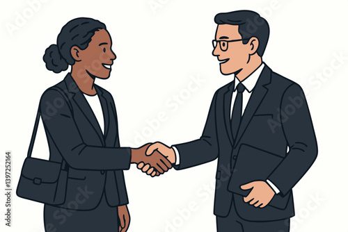 Professional Business Partnership Handshake Vector Illustration with Diverse Executives in Formal Attire Closing Deal Agreement Corporate Negotiation Success Collaboration Teamwork Leadership