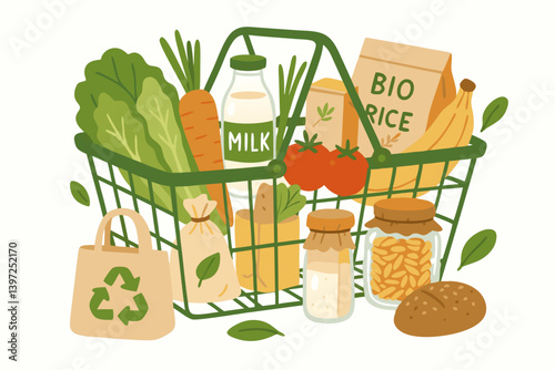 Eco-Friendly Grocery Shopping: Sustainable Food Basket with Organic Produce, Bio Rice, Milk, and Reusable Bag - Vector Illustration for Green Living and Healthy Eating Concepts