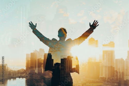 Double exposure back view of happy businessman with hands up, silhouette with city view