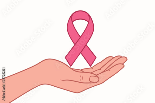 Breast Cancer Awareness Pink Ribbon Held in Caring Hand Vector Illustration, Support Symbol for Survivors, Hope and Solidarity Graphic for Healthcare Campaign, Medical Charity Fundraiser Design