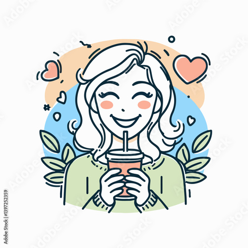 Joyful Sipping: An illustration of a happy young woman, basking in a moment of pure contentment as she enjoys a refreshing drink, radiating joy and tranquility.