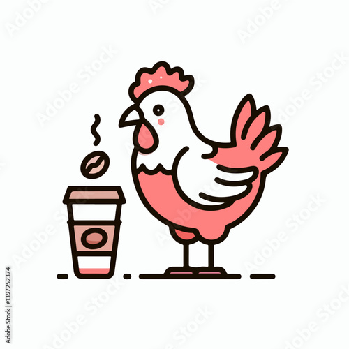 Coffee-Loving Rooster: A charming illustration of a rooster, alongside a cup of coffee, capturing the essence of morning bliss and rustic charm.
