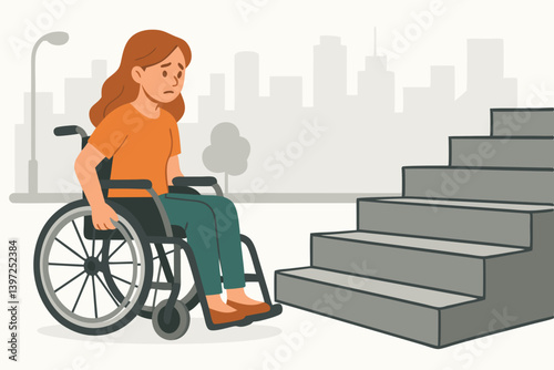 Accessibility Challenges Concept Vector Illustration with Young Woman in Wheelchair Facing Staircase Barrier in Urban Environment, Disability Awareness and Inclusion Theme for Social Issues Design