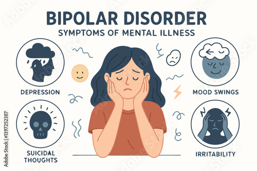 Bipolar Disorder Mental Health Infographic with Symptoms Including Depression, Mood Swings, Suicidal Thoughts and Irritability Illustrated with Minimalist Woman Character and Emotional Icons