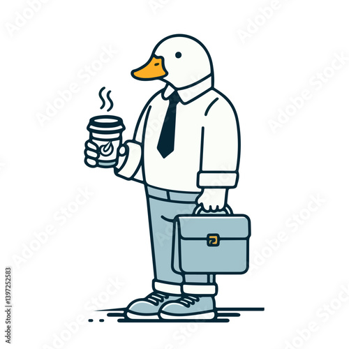 Duck in Business Attire: A unique illustration showcasing a duck in business attire, holding a coffee cup and briefcase, ready to face the business day, embodying a quirky blend of professionalism.