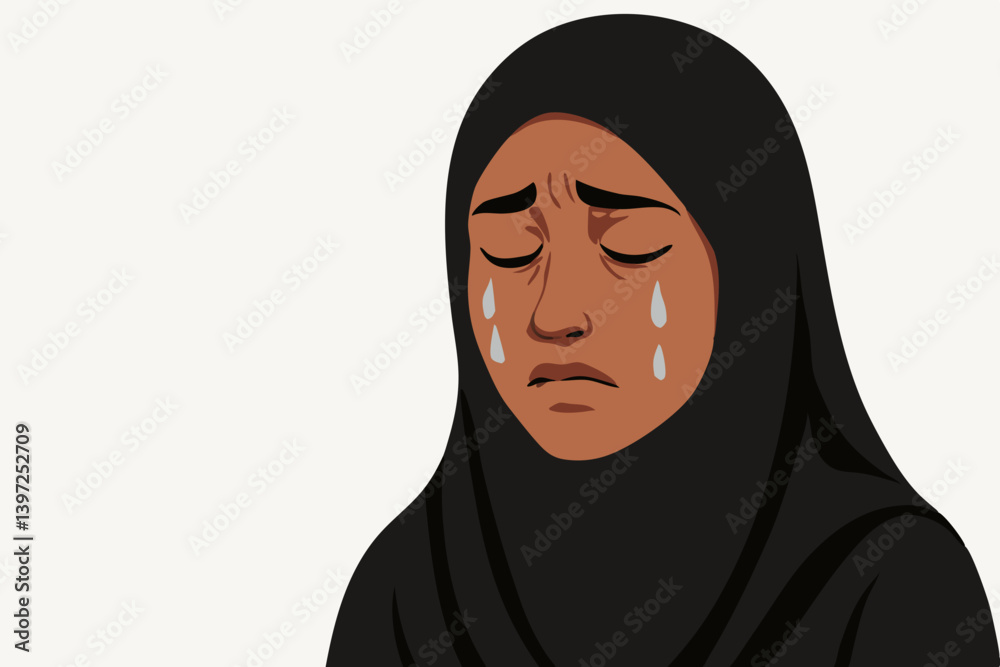 Emotional Vector Portrait of Middle Eastern Woman in Hijab with Tears, Cultural Representation of Sadness and Grief, Modern Minimalist Illustration for Social Awareness and Diversity Concepts Emotional Vector Portrait of Middle Eastern Woman in Hijab with Tears, Cultural Representation of Sadness and Grief, Modern Minimalist Illustration for Social Awareness and Diversity Concepts