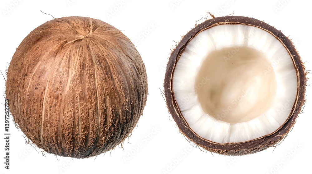 Detailed View of Coconut Cut in Half Isolated on White Background Detailed View of Coconut Cut in Half Isolated on White Background