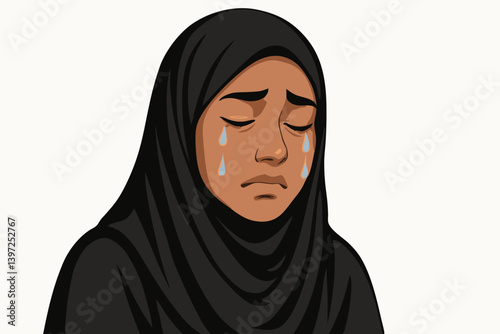 Emotional Portrait of Middle Eastern Woman in Hijab with Tears Vector Illustration for Mental Health Awareness, Cultural Sensitivity, Religious Identity, and Human Emotion Representation
