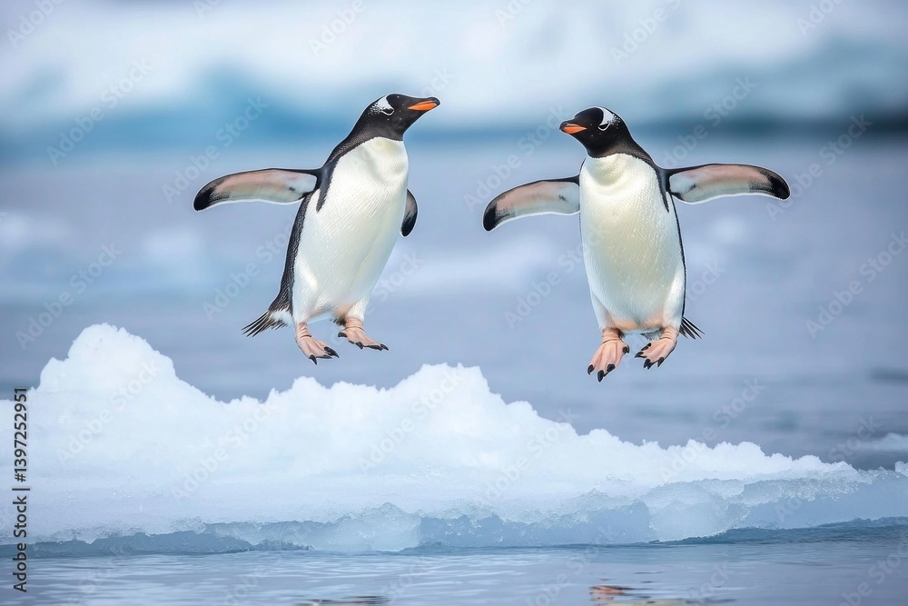 Fototapeta premium Two penguins jumping on an ice floe in the Southern Ocean