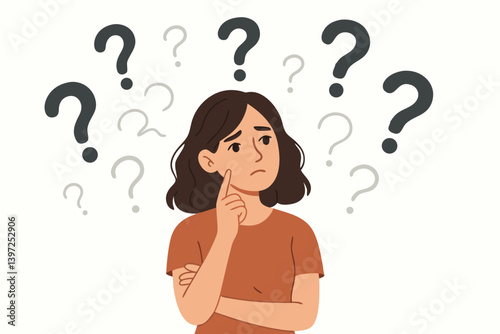 Thoughtful Young Woman Surrounded by Question Marks Vector Illustration, Confused Female Character Thinking with Finger on Cheek, Mental Dilemma Concept for Decision Making and Problem Solving