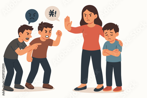 Anti-Bullying Concept Vector Illustration with Woman Protecting Child from Aggressive Bullies, Social Issues Awareness, School Harassment Prevention, Emotional Support in Conflict Situations