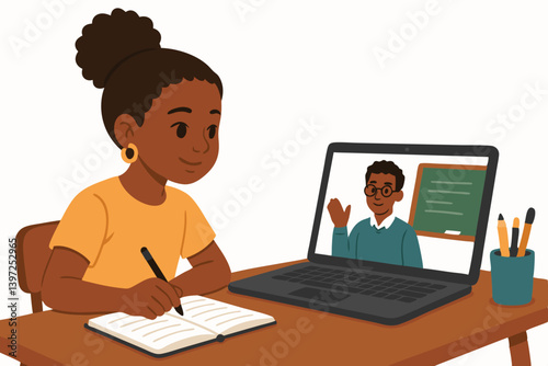 African American Student Attending Virtual Online Class with Teacher on Laptop Screen, Remote Education Learning, Digital Classroom, E-Learning, Distance Education, Homeschooling Concept