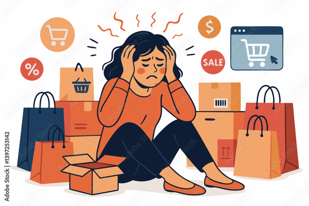 Overwhelmed Woman Surrounded by Online Shopping Packages and Icons: E-commerce Stress, Compulsive Buying, and Digital Marketplace Anxiety Vector Illustration