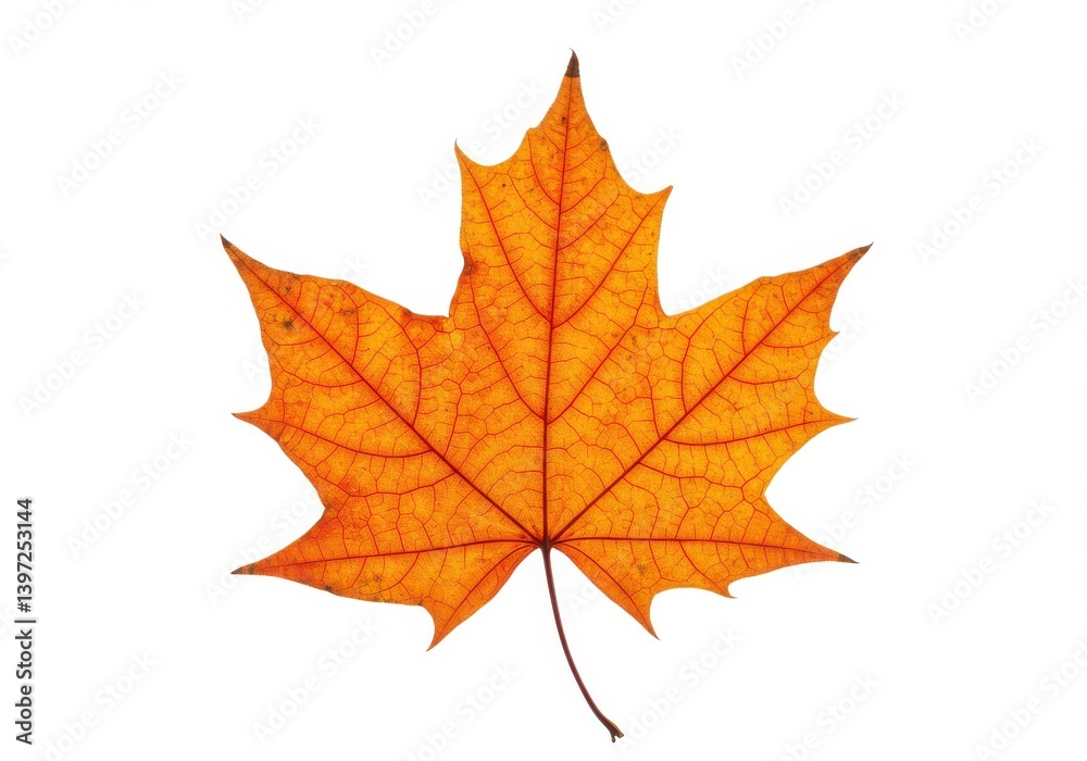 Vibrant orange maple leaf isolated on a white background showcasing intricate vein details vividly Vibrant orange maple leaf isolated on a white background showcasing intricate vein details vividly