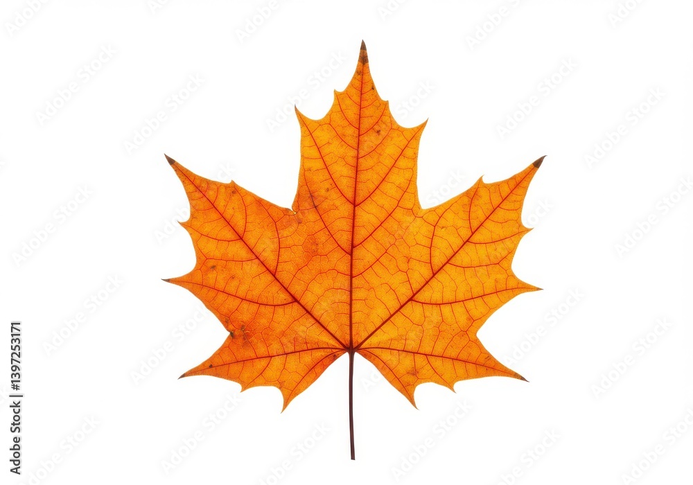 Bright orange maple leaf isolated on white background with detailed veins and autumnal color Bright orange maple leaf isolated on white background with detailed veins and autumnal color