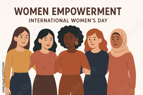 International Women's Day Celebration Vector Illustration with Diverse Female Characters Standing Together in Unity and Solidarity, Minimalist Flat Design for Empowerment and Equality Campaigns